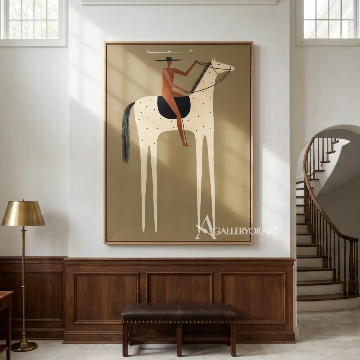 Western-cowboy-art-of-a-rust-clad-rider-on-a-spotted-cream-horse-against-an-olive-green-ground-above-a-console