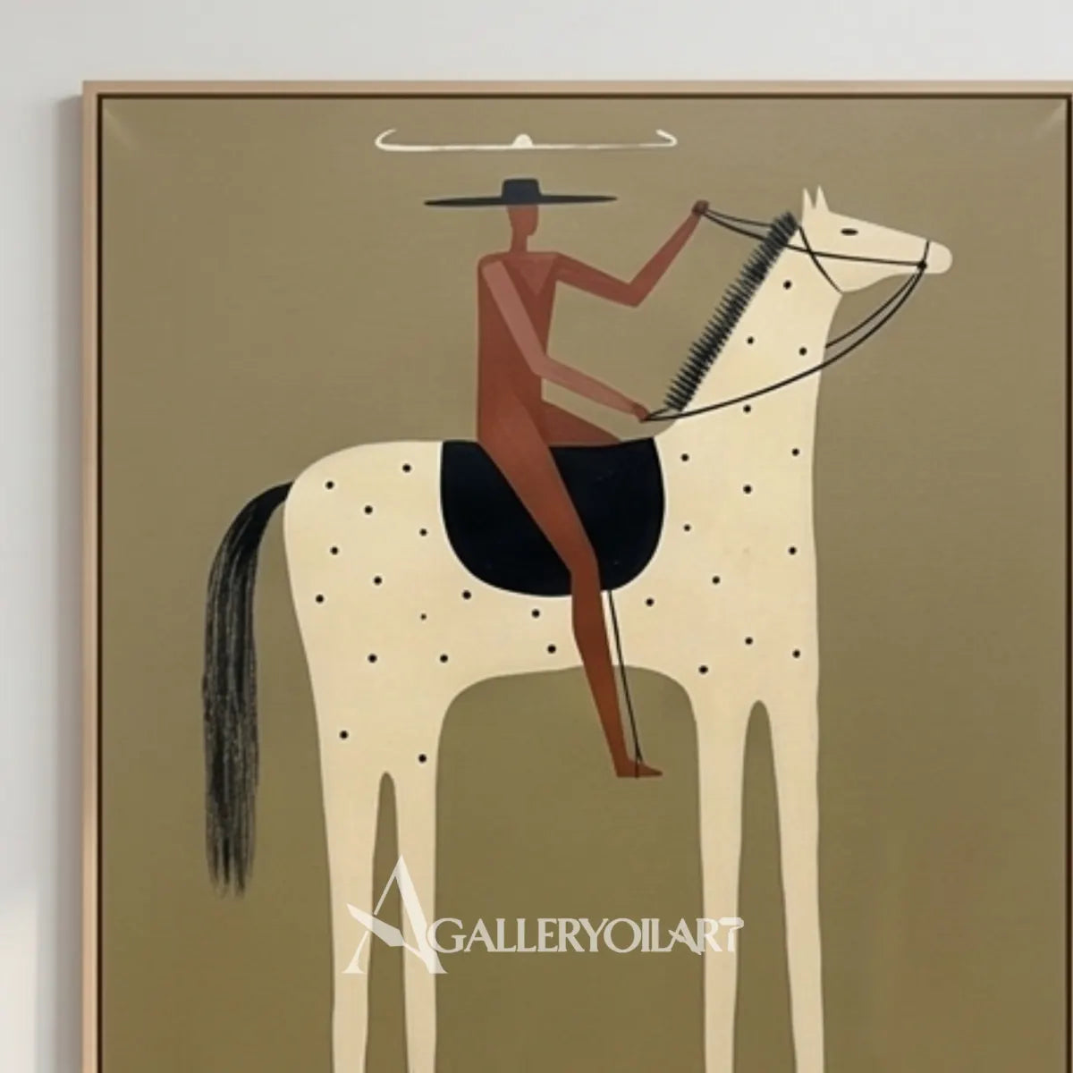 Close-view-of-Western-cowboy-art-showing-a-rider-on-a-spotted-cream-horse-against-an-olive-green-ground