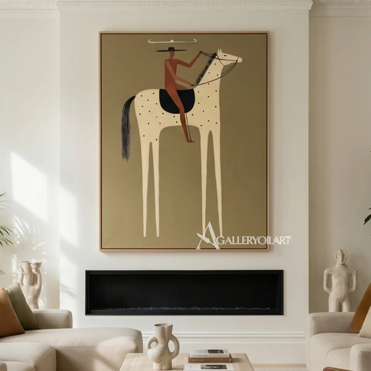 Western-cowboy-art-of-a-rust-clad-rider-on-a-spotted-cream-horse-against-an-olive-green-ground-above-a-fireplace