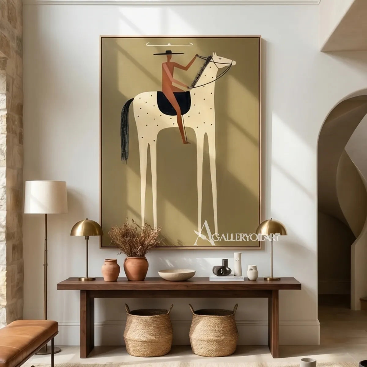 Western-cowboy-art-of-a-rust-clad-rider-on-a-spotted-cream-horse-against-an-olive-green-ground-in-a-bright-lounge