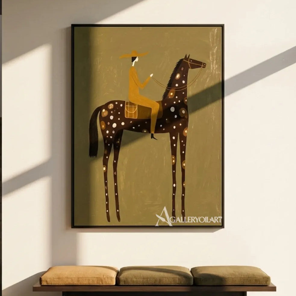 spotted-horsewoman-western-cowboy-green-wall-art-in-a-gallery