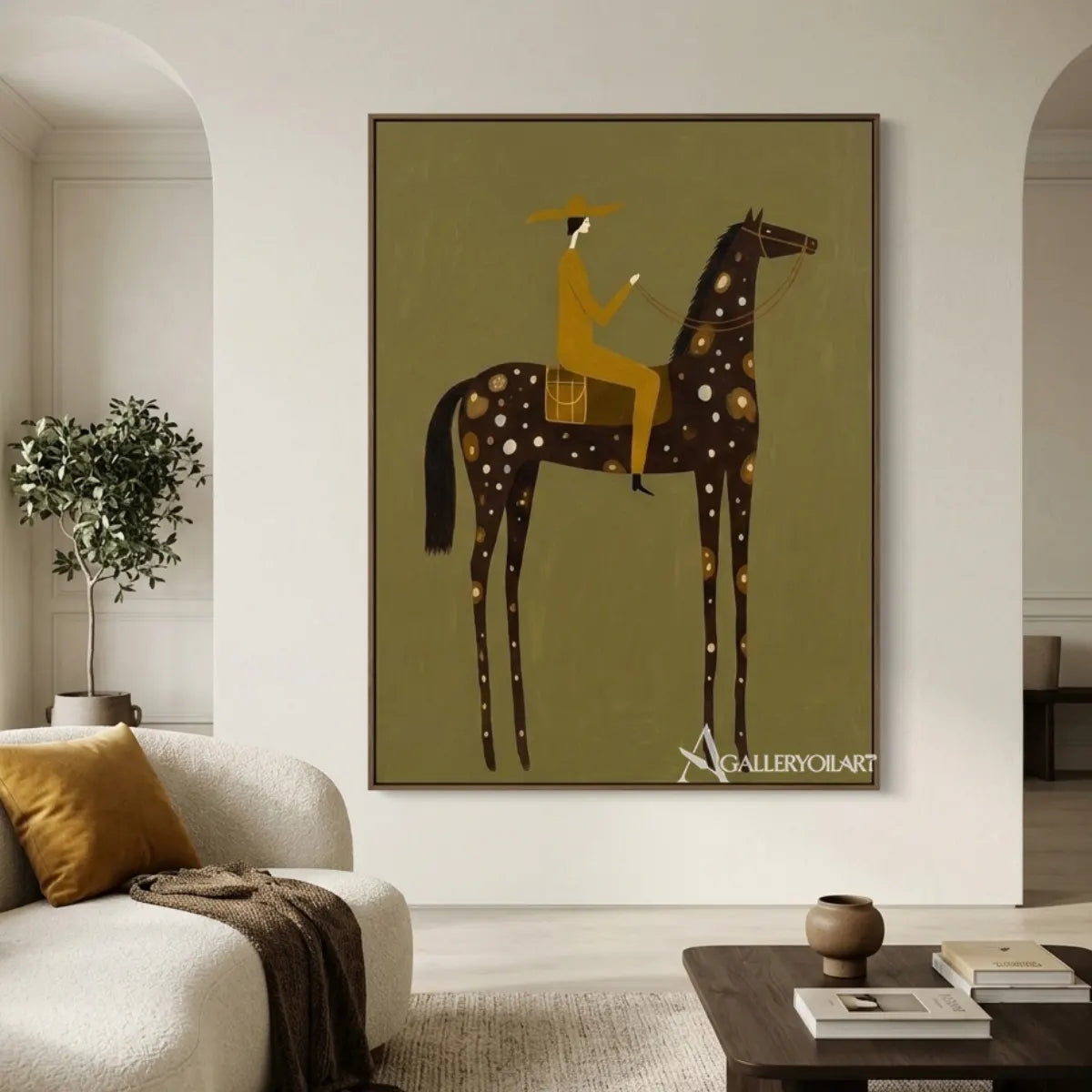spotted-horsewoman-western-cowboy-green-wall-art-in-a-living-room