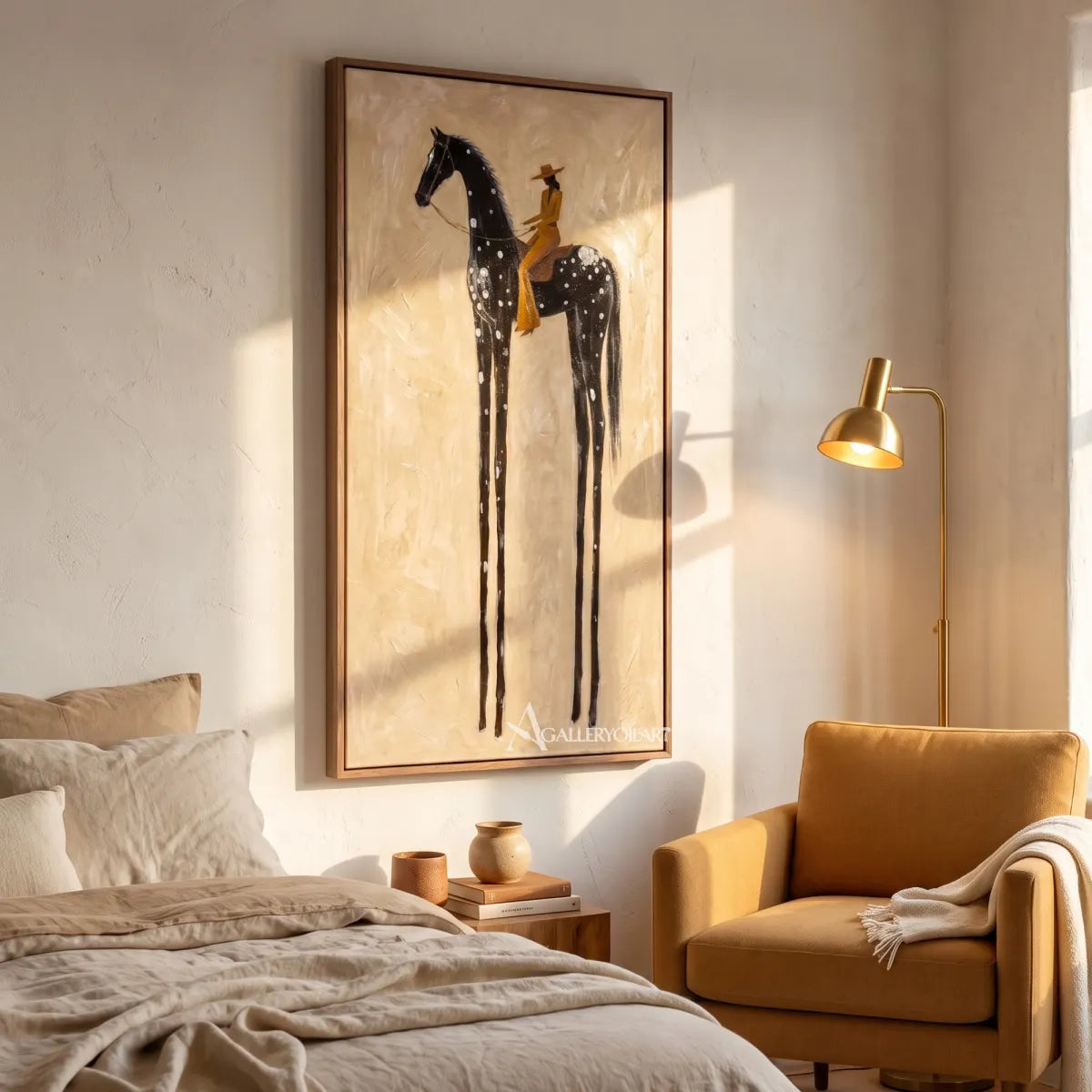 rider-on-a-spotted-dark-horse-western-cowboy-art-Black-wall-art-in-bedroom-reading-nook