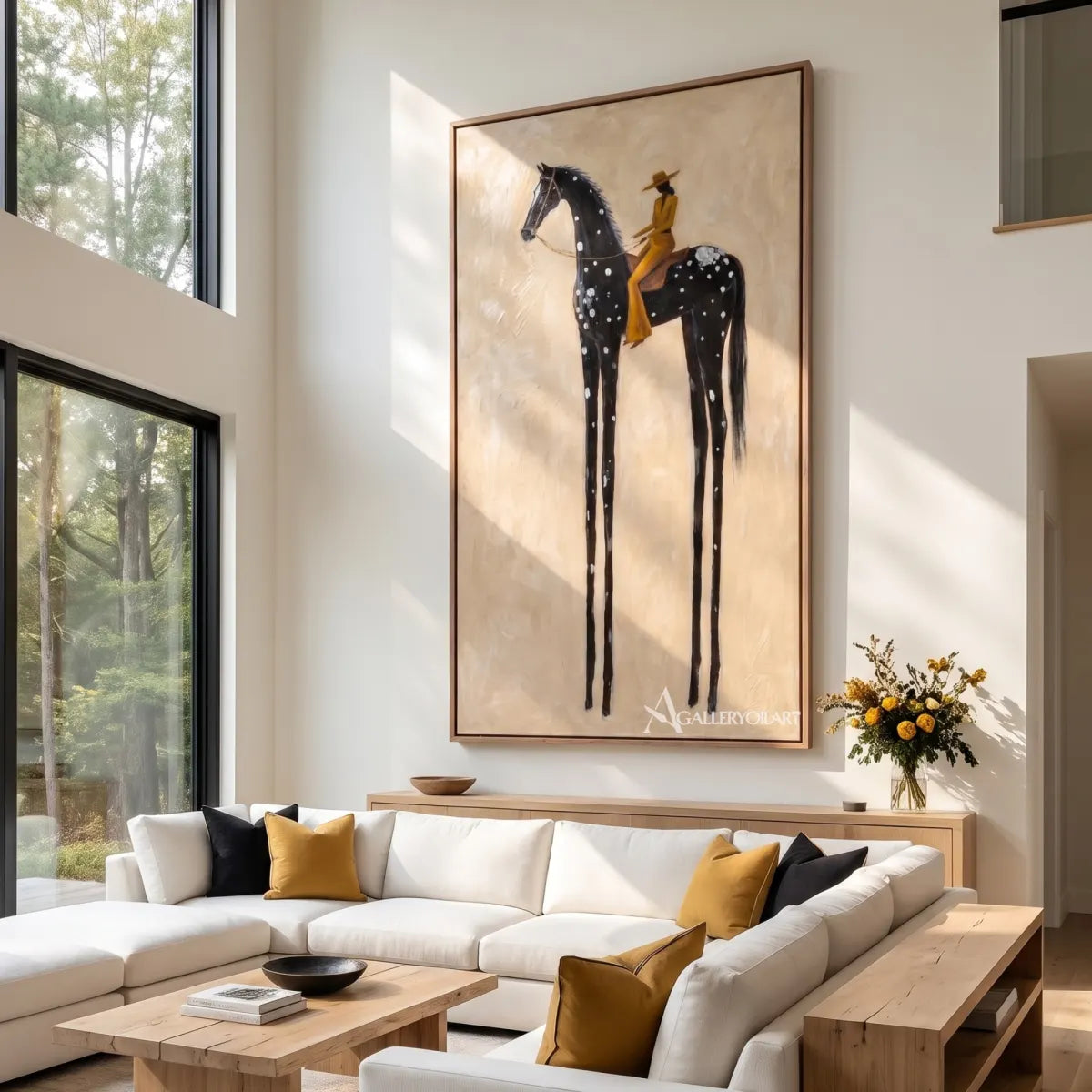 rider-on-a-spotted-dark-horse-western-cowboy-art-Black-wall-art-in-living-room