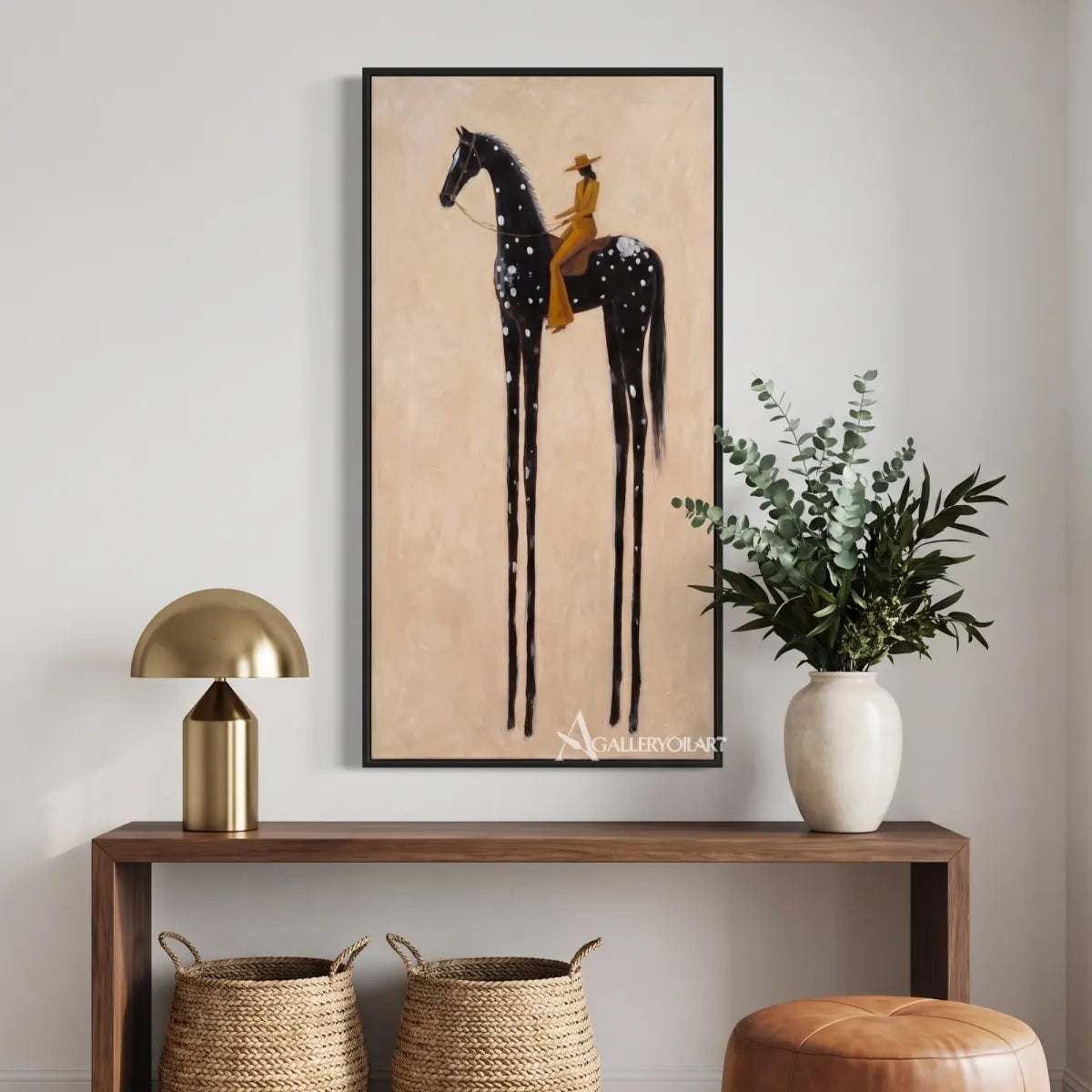 rider-on-a-spotted-dark-horse-western-cowboy-art-Black-wall-art-in-modern-entryway
