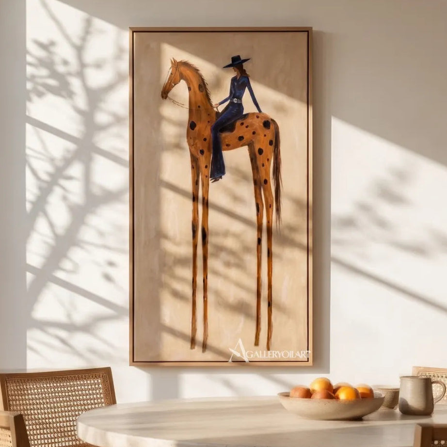 star-marked-horse-galloping-with-a-rider-western-cowboy-art-Gold-wall-art-in-dining-space