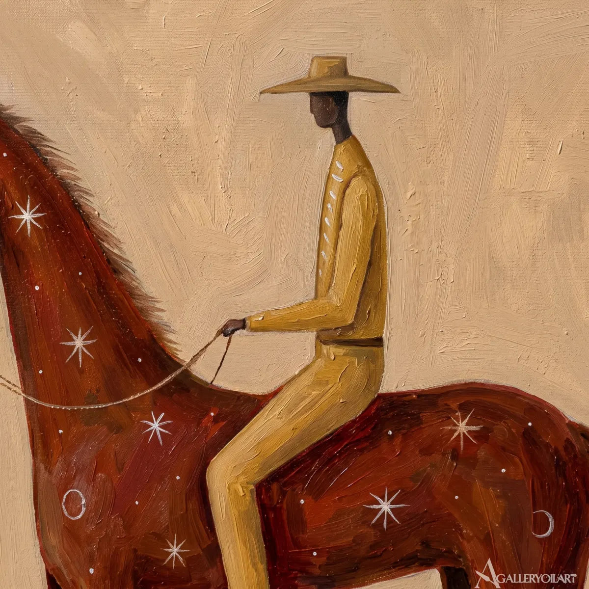 star-marked-horse-with-a-rider-western-cowboy-art-Brown-wall-art-in-close-up-detail