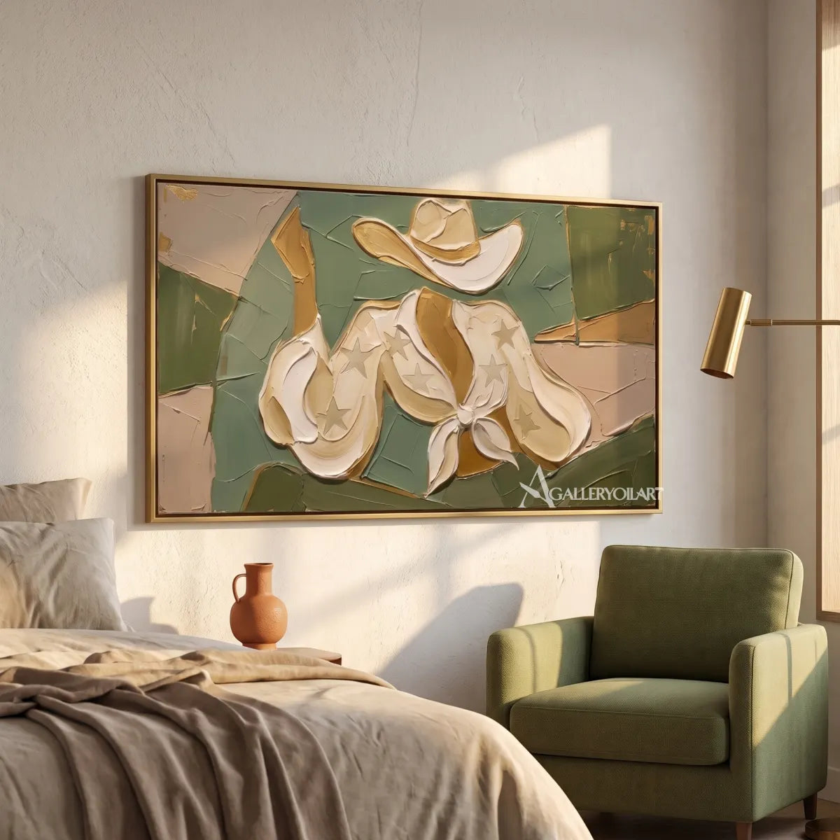 starred boots western cowboy green wall art in a warm modern interior 1
