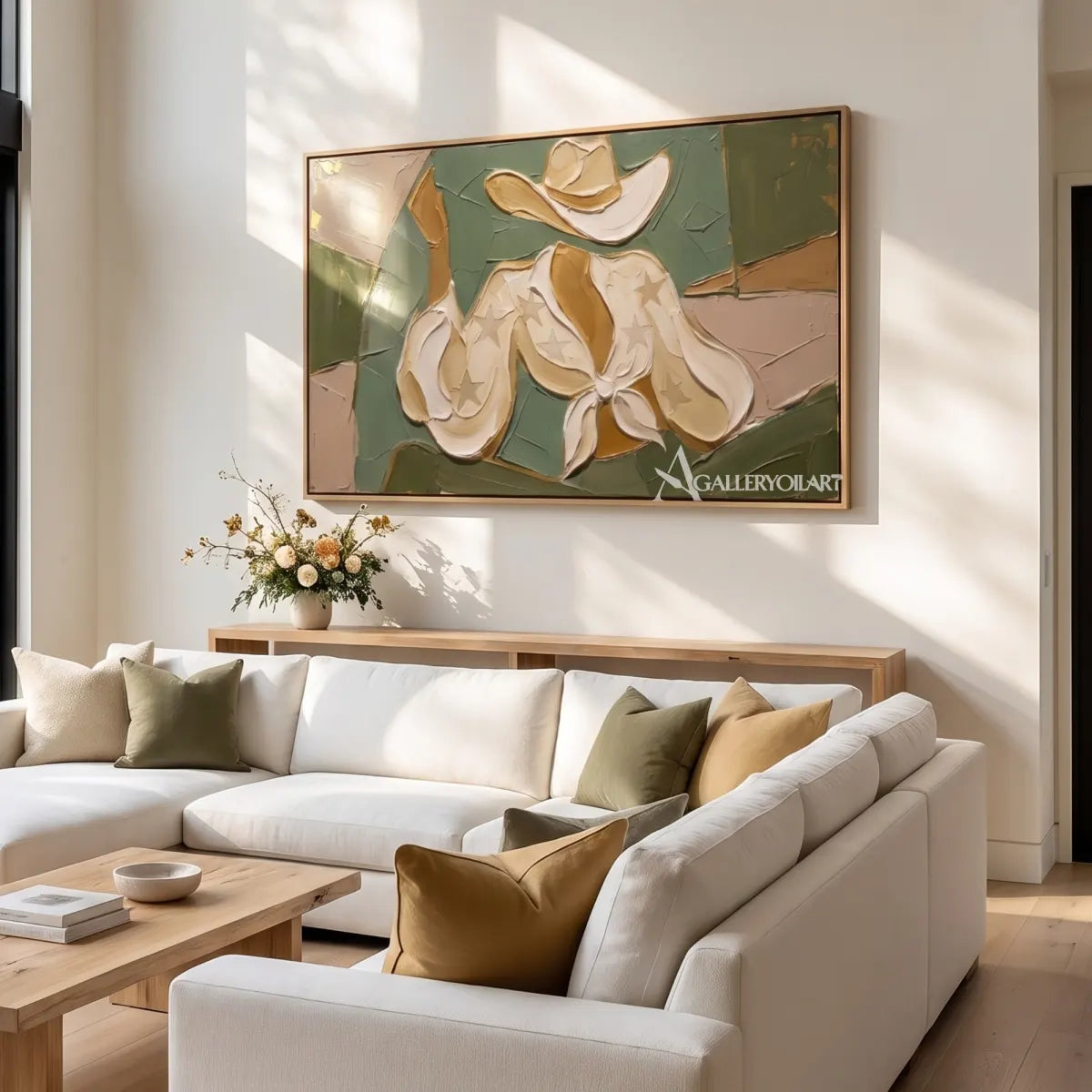 starred boots western cowboy green wall art in a warm modern interior 7