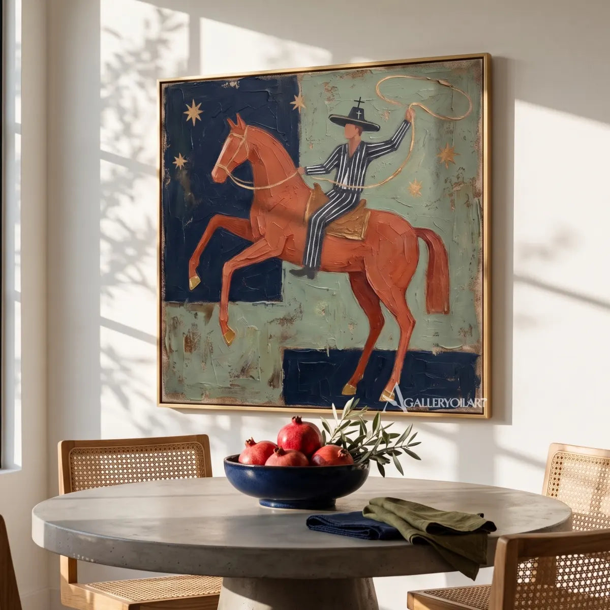 Western cowboy riding a patterned horse beneath moon and stars-in-dining-room