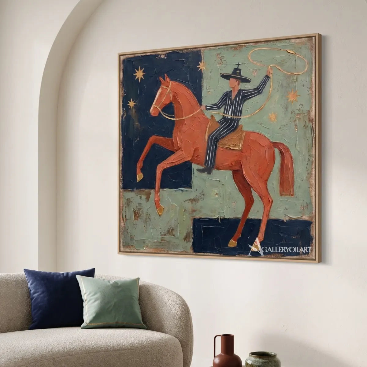 Western cowboy riding a patterned horse beneath moon and stars-in-minimalist-living-room