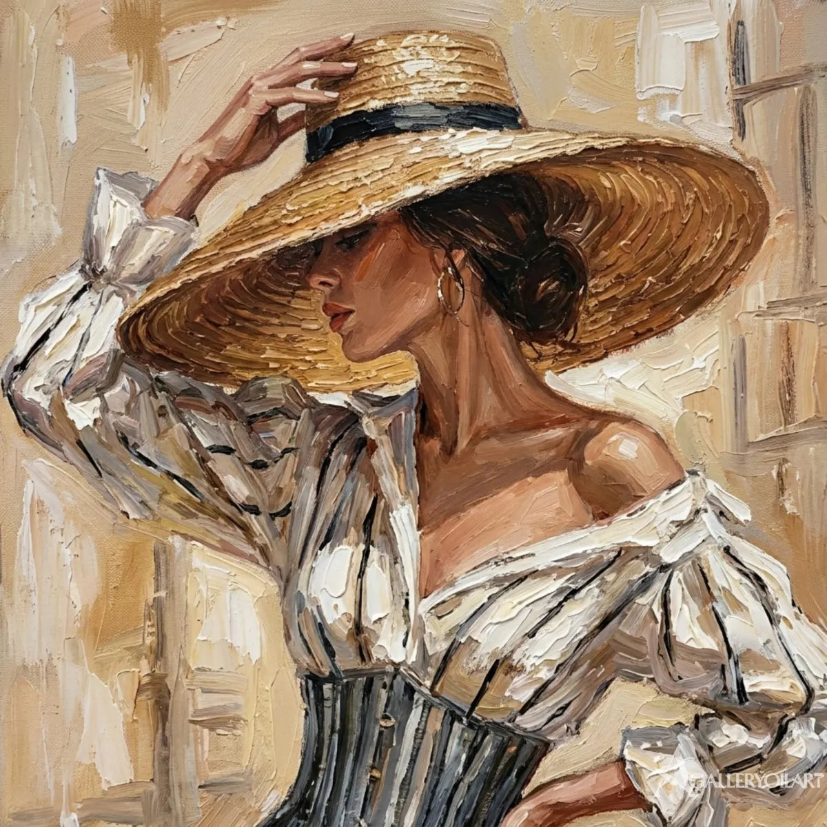 Straw-hat-woman-in-portrait-art-beige-and-taupe-in-a-close-up-detail