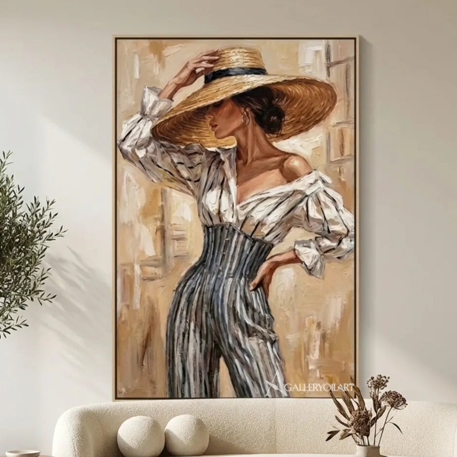 Straw-hat-woman-in-portrait-art-beige-and-taupe-in-a-gallery