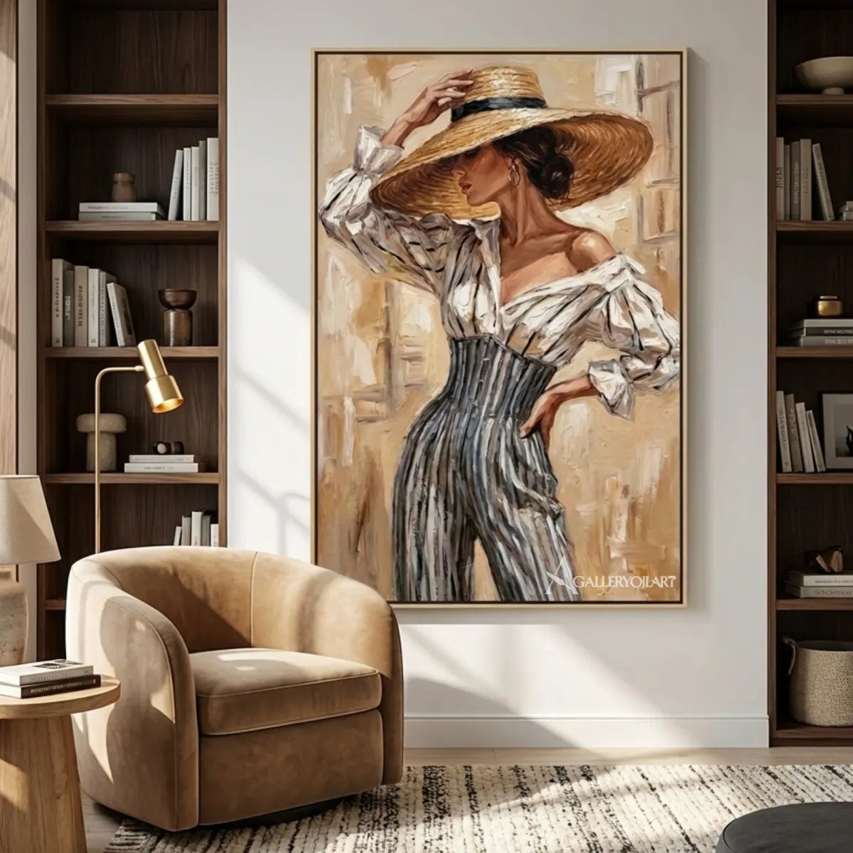 Straw-hat-woman-in-portrait-art-beige-and-taupe-in-a-reading-lounge