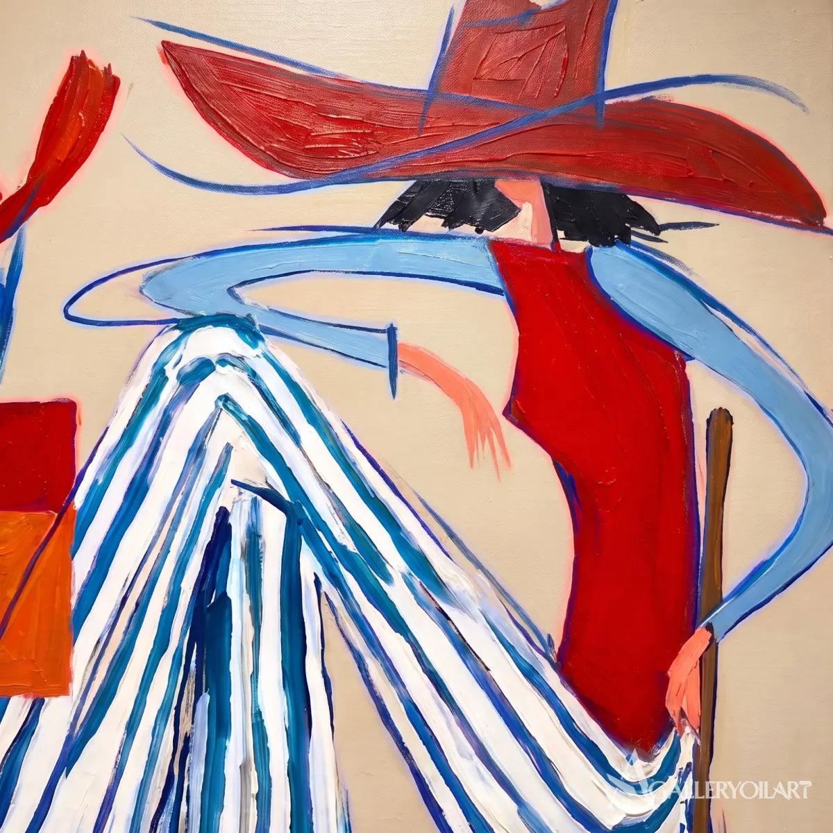 a fashion figure in a striped dress and wide hat-in-pop-art-red-detail