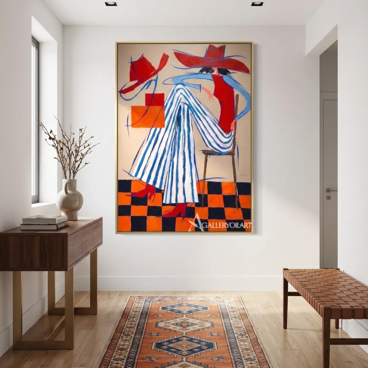 a fashion figure in a striped dress and wide hat-in-pop-art-red-entryway