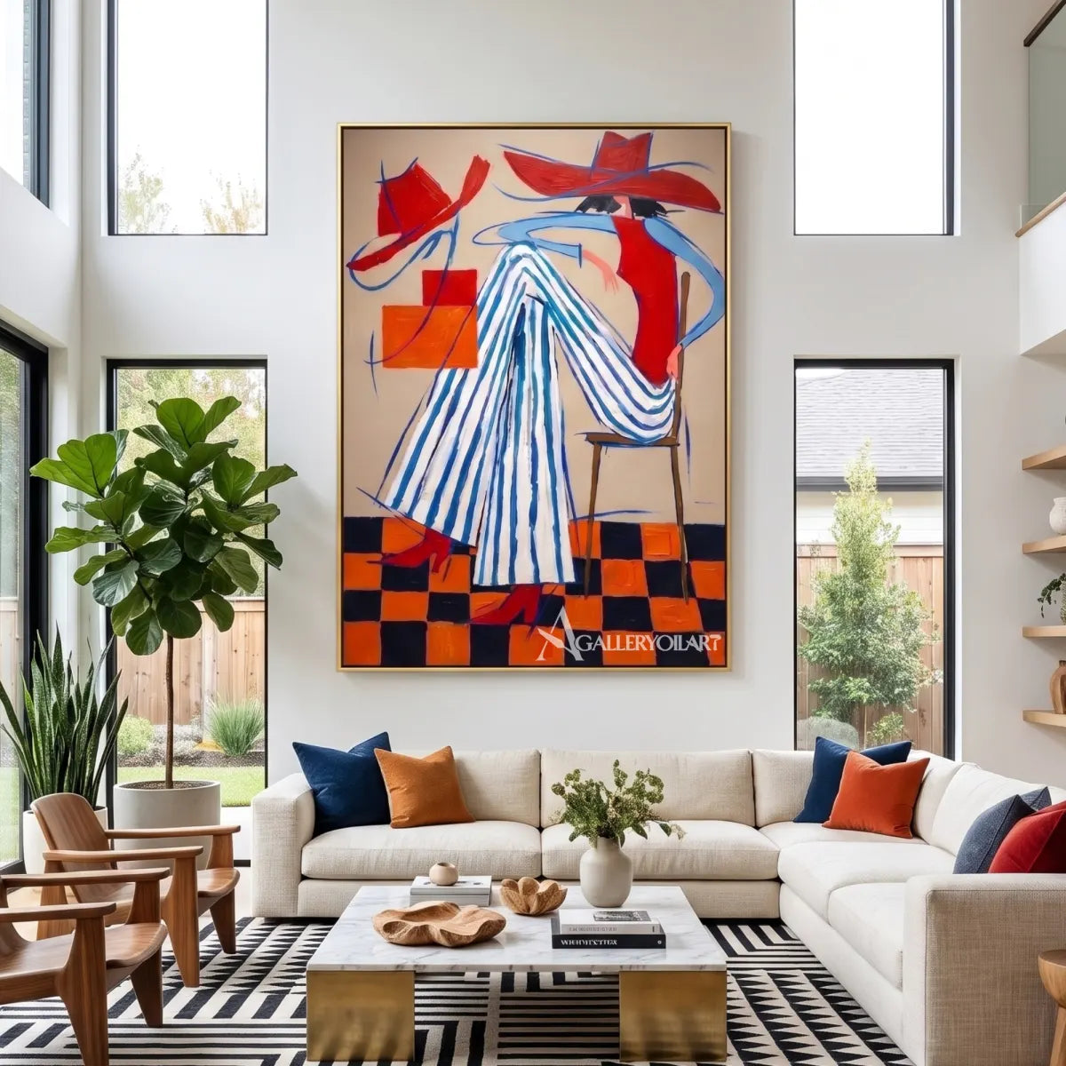 a fashion figure in a striped dress and wide hat-in-pop-art-red-great-room