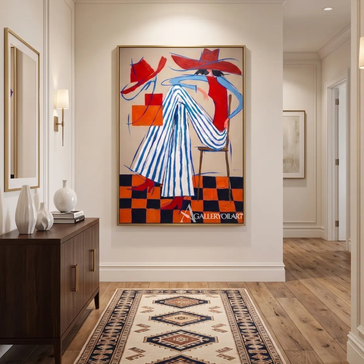 a fashion figure in a striped dress and wide hat-in-pop-art-red-hallway