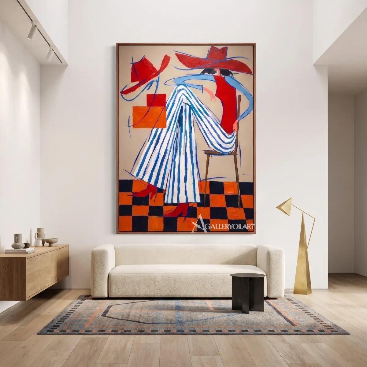 a fashion figure in a striped dress and wide hat-in-pop-art-red-minimalist-lounge