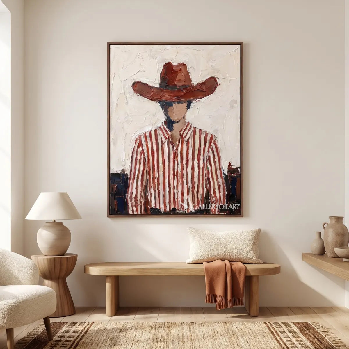 a close-up cowboy in a brown hat and striped shirt-in-western-cowboy-red-entryway