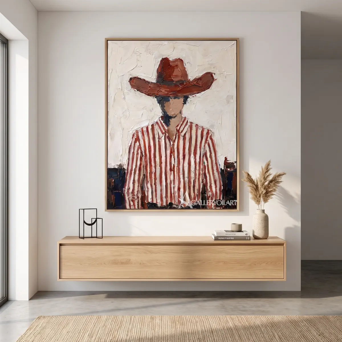 a close-up cowboy in a brown hat and striped shirt-in-western-cowboy-red-gallery-room