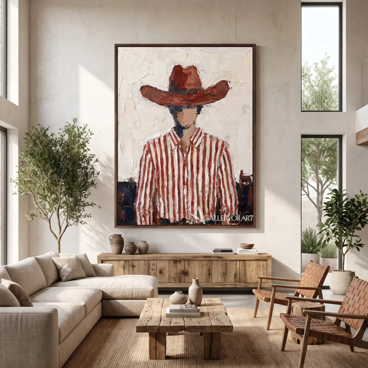 a close-up cowboy in a brown hat and striped shirt-in-western-cowboy-red-great-room