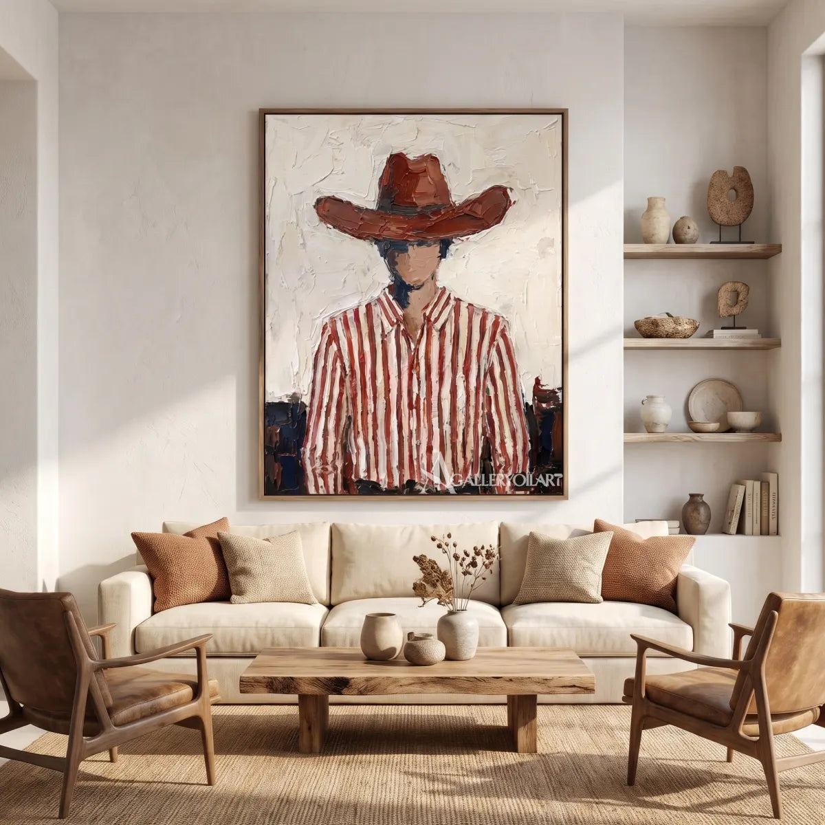 a close-up cowboy in a brown hat and striped shirt-in-western-cowboy-red-hallway