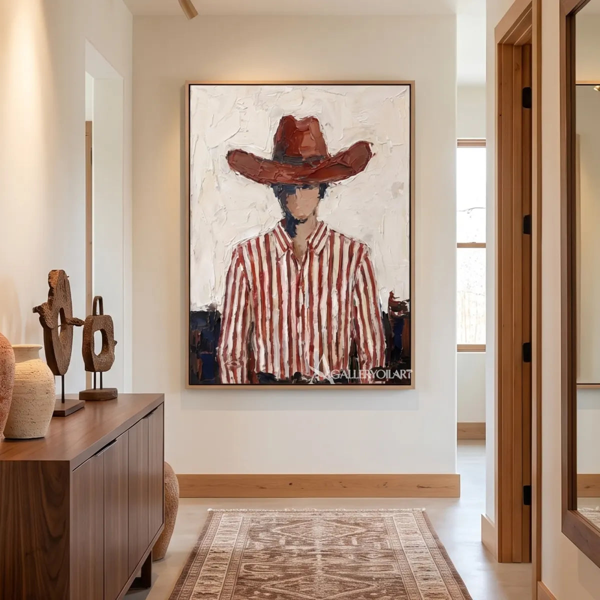 a close-up cowboy in a brown hat and striped shirt-in-western-cowboy-red-library-lounge