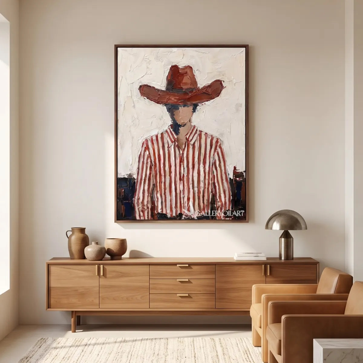 a close-up cowboy in a brown hat and striped shirt-in-western-cowboy-red-living-room
