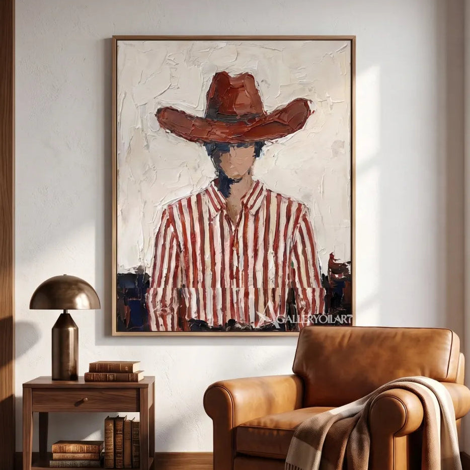 a close-up cowboy in a brown hat and striped shirt-in-western-cowboy-red-styled-interior