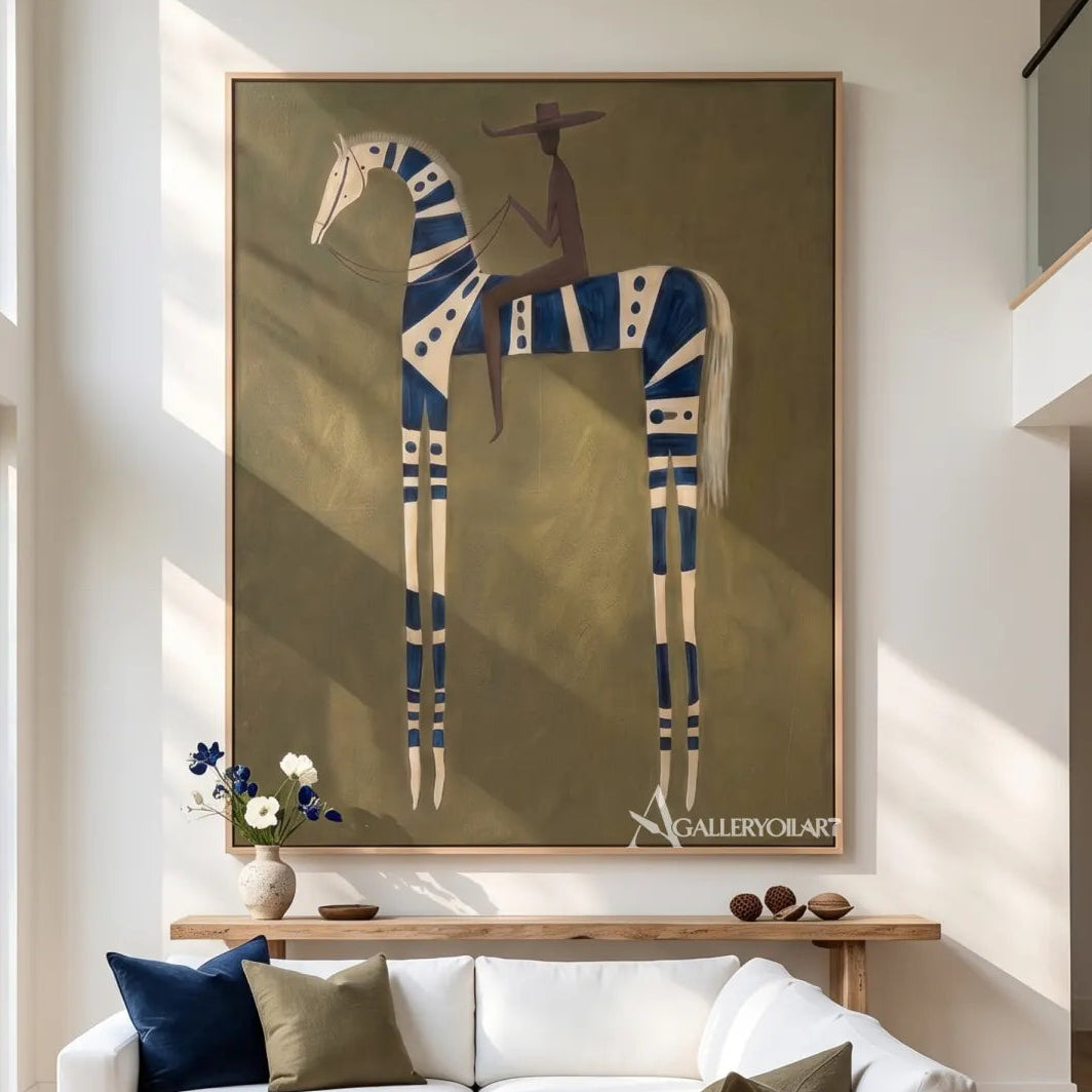 striped horse rider-western-cowboy-art-blue-wall-art-in-living-room
