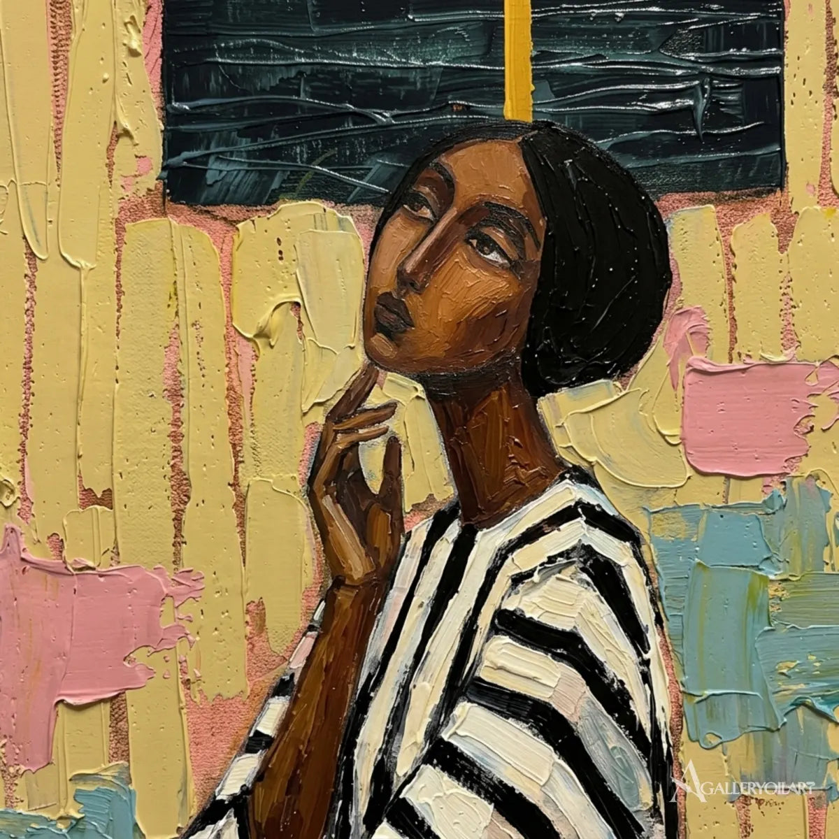Close-up-portrait-art-of-a-woman-in-a-black-and-white-striped-top-with-raised-yellow-and-teal-paint