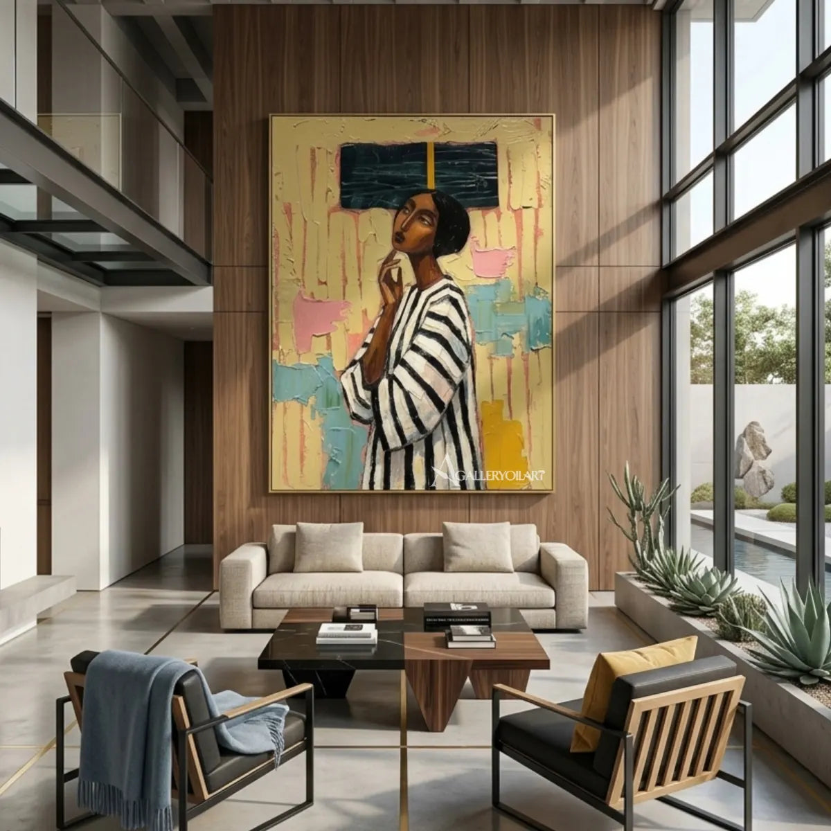 Portrait-art-painting-of-a-woman-in-a-black-and-white-striped-top-against-textured-yellow-and-teal-in-a-double-height-room