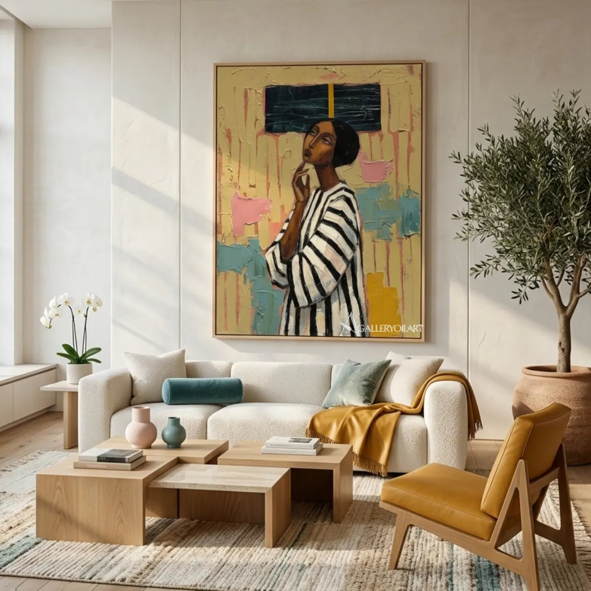 Portrait-art-painting-of-a-woman-in-a-black-and-white-striped-top-against-textured-yellow-and-teal-in-a-living-room
