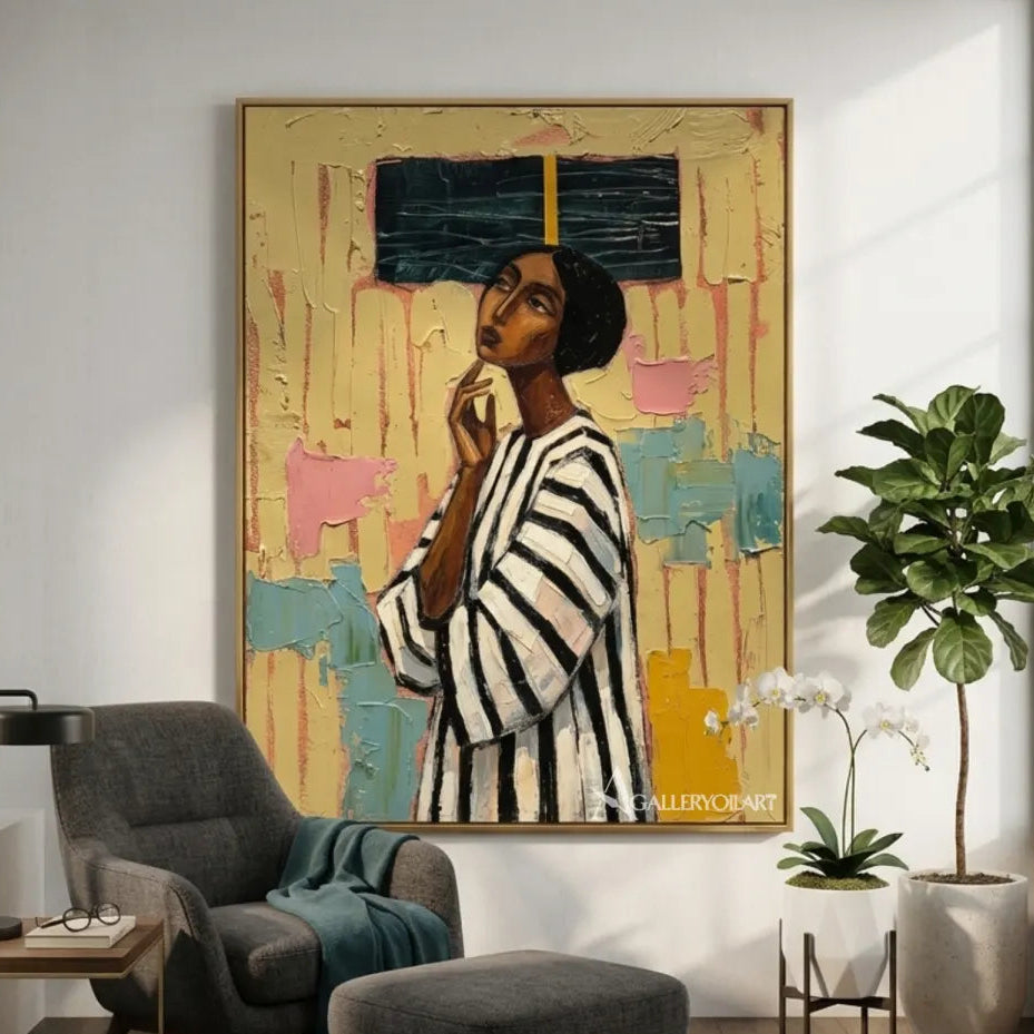 Portrait-art-painting-of-a-woman-in-a-black-and-white-striped-top-against-textured-yellow-and-teal-in-a-lounge