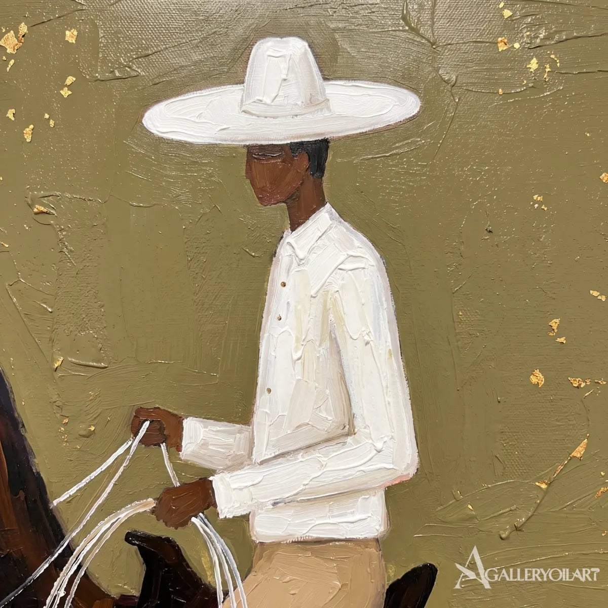 a rider in a white shirt on a moving brown horse-in-western-cowboy-green-detail