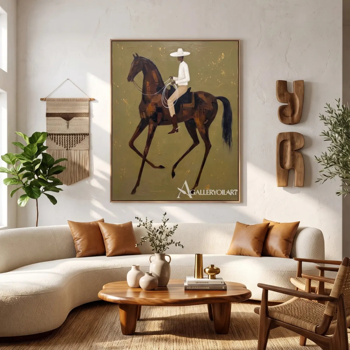 a rider in a white shirt on a moving brown horse-in-western-cowboy-green-gallery-room