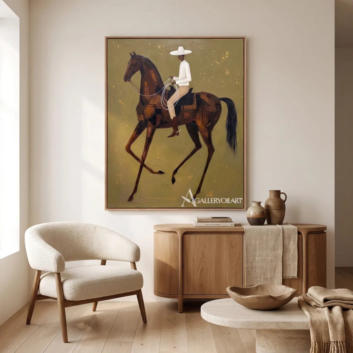 a rider in a white shirt on a moving brown horse-in-western-cowboy-green-living-room