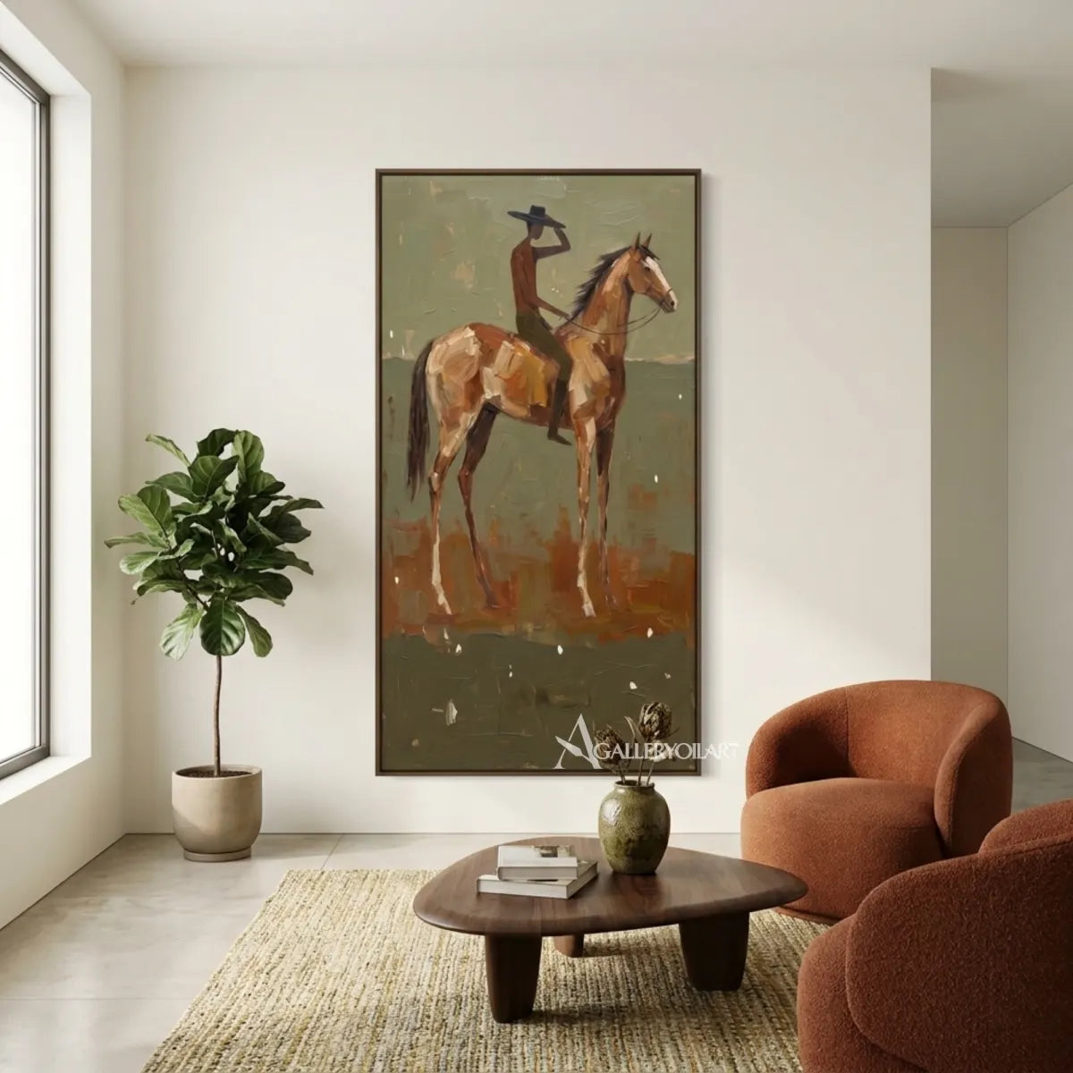 Western-cowboy-sunlit-rider-on-brown-horse-in-an-entryway
