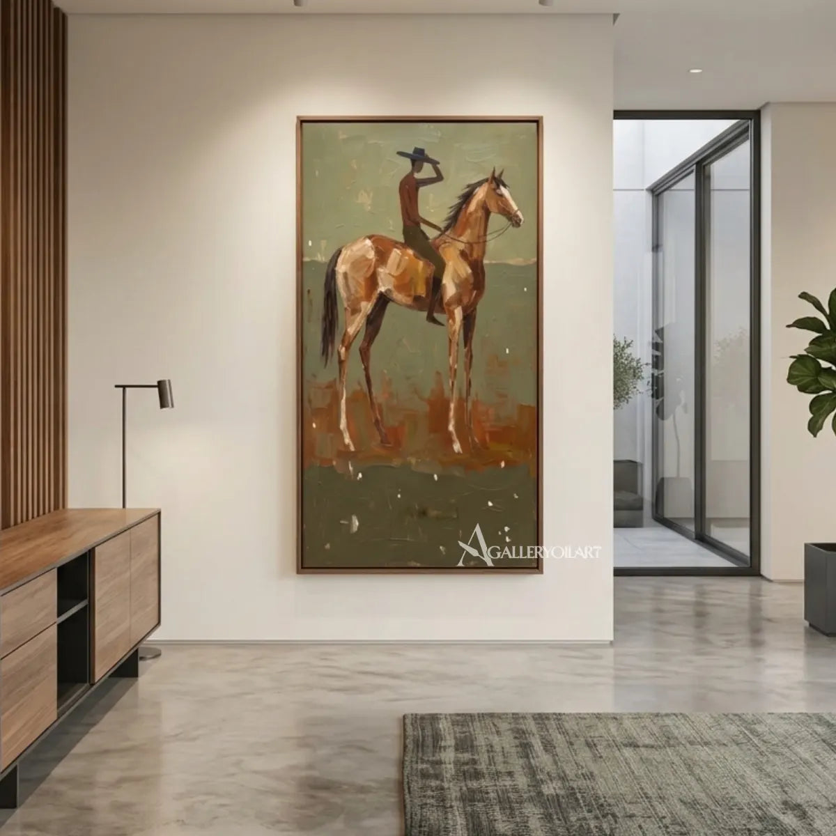 Western-cowboy-sunlit-rider-on-brown-horse-in-a-living-area