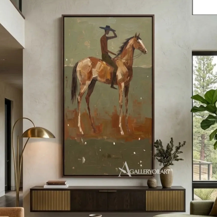 Western-cowboy-sunlit-rider-on-brown-horse-in-a-living-room
