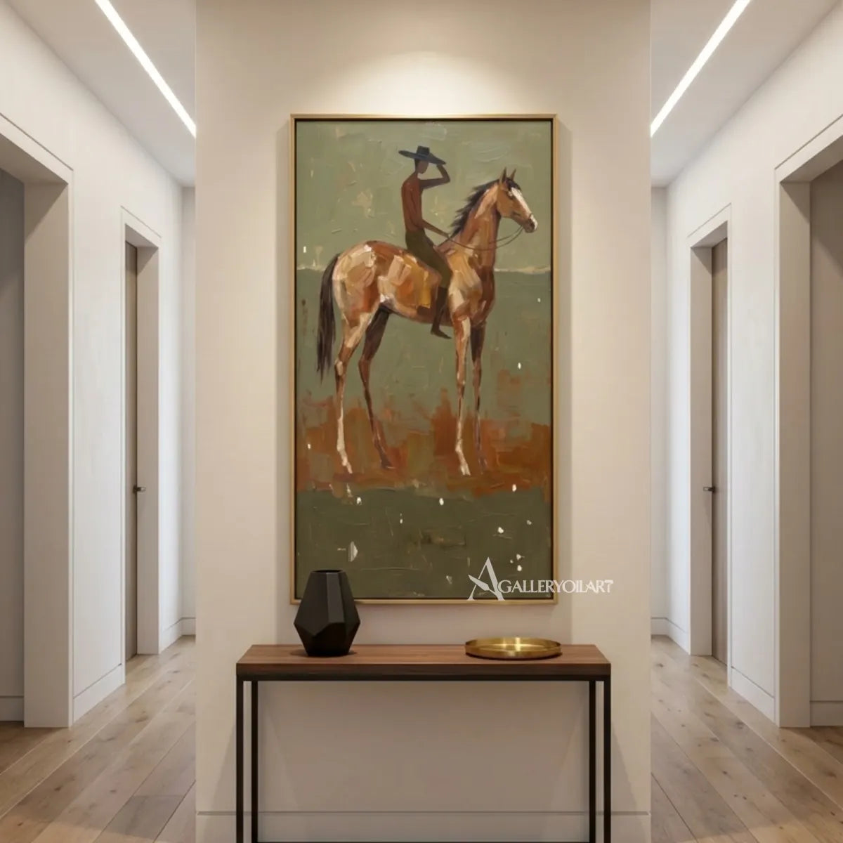 Western-cowboy-sunlit-rider-on-brown-horse-in-a-neutral-room