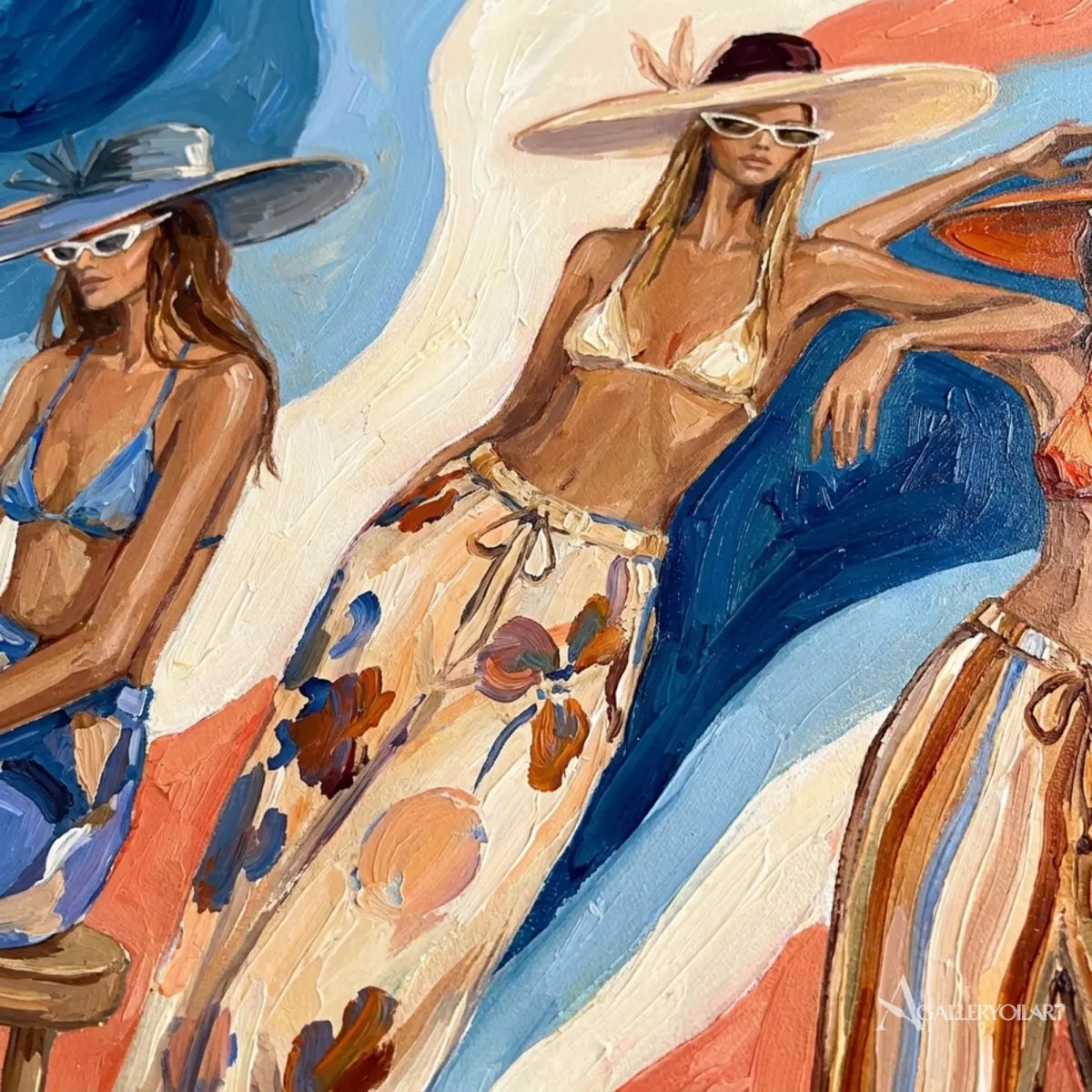 Sunlit-women-in-hats-in-pop-art-blue-wall-art-in-detail