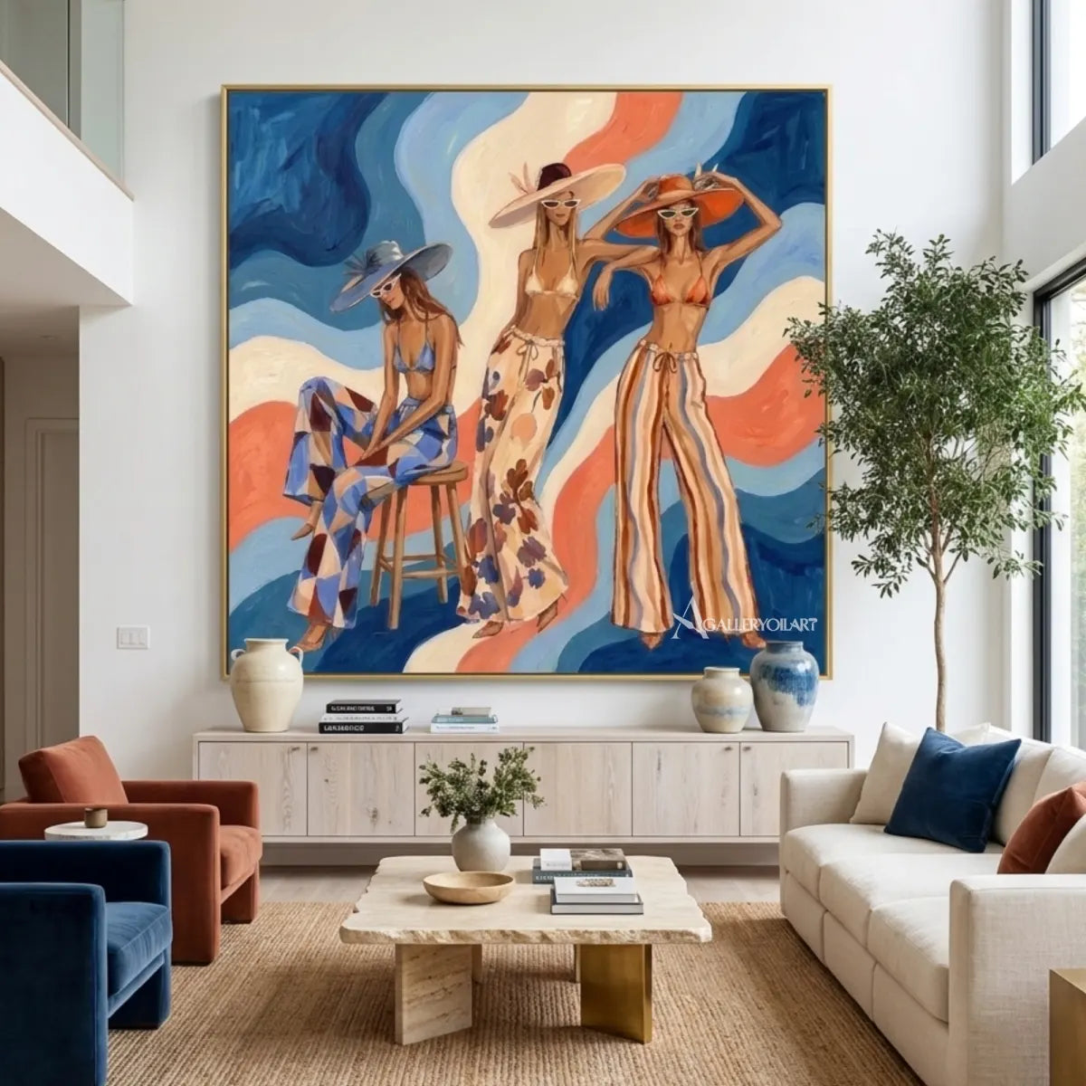 Sunlit-women-in-hats-in-pop-art-blue-wall-art-in-double-height-room