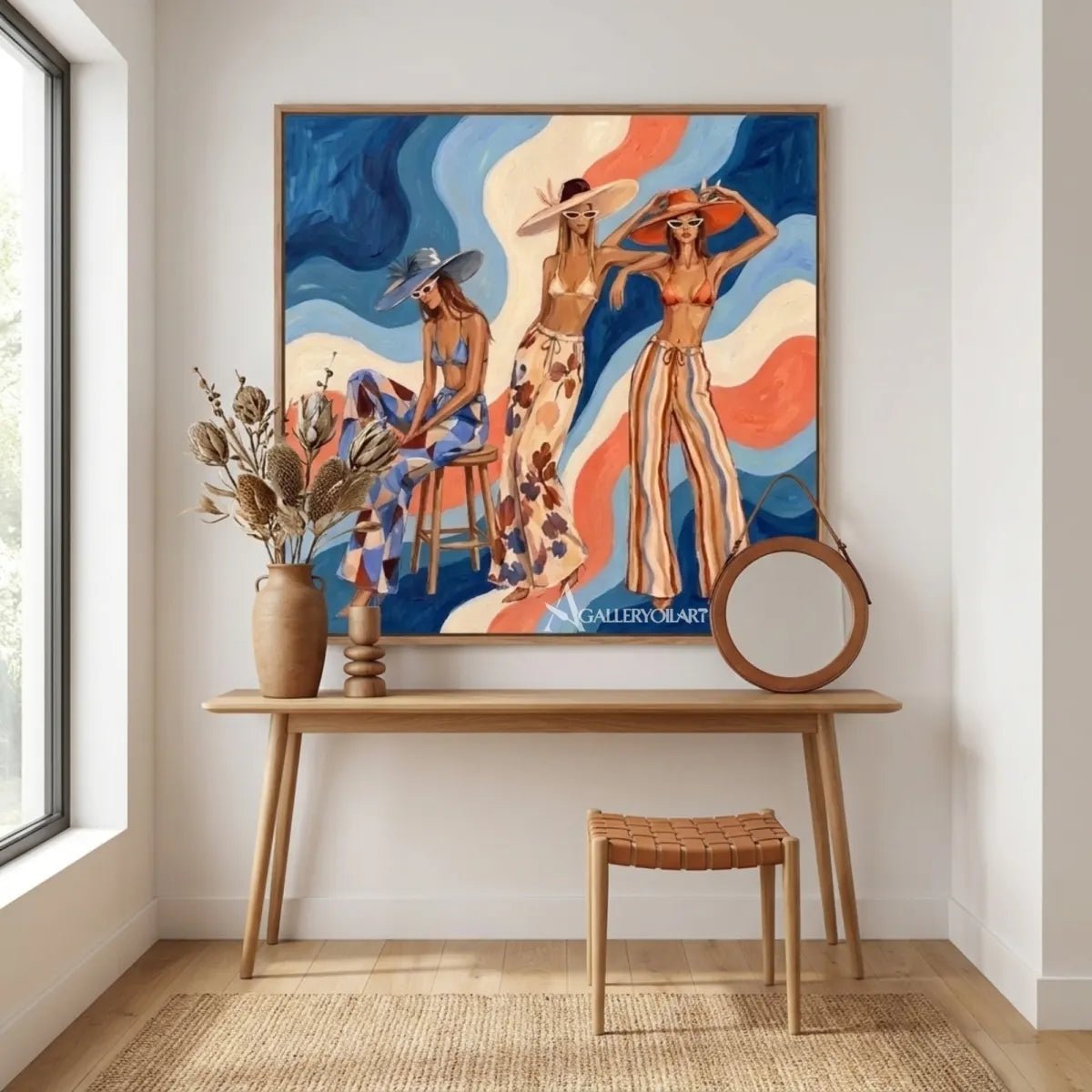 Sunlit-women-in-hats-in-pop-art-blue-wall-art-in-entryway
