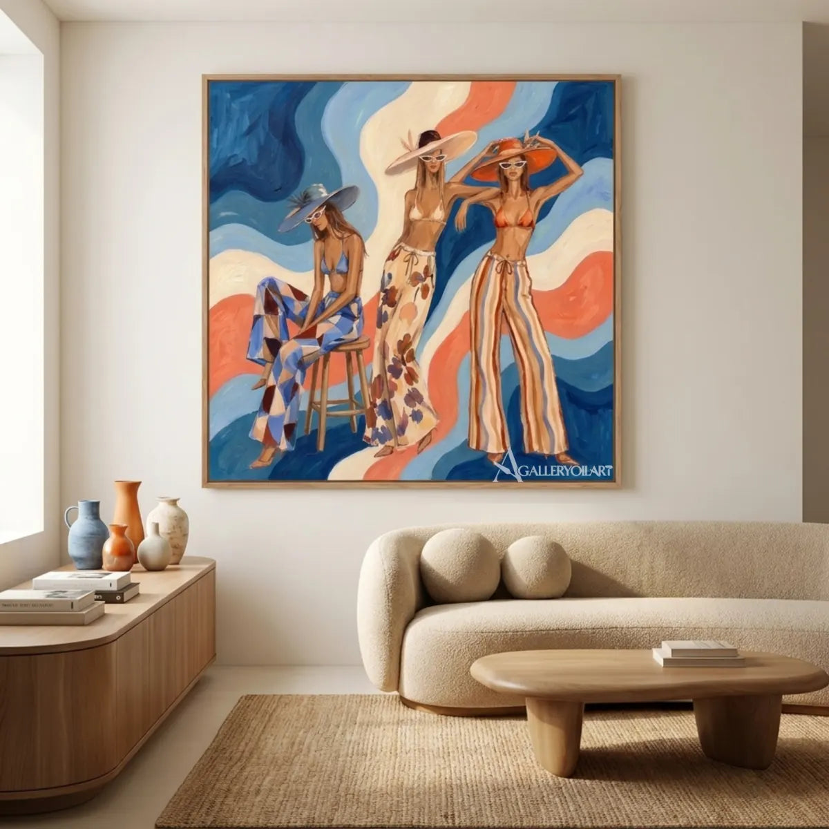 Sunlit-women-in-hats-in-pop-art-blue-wall-art-in-gallery