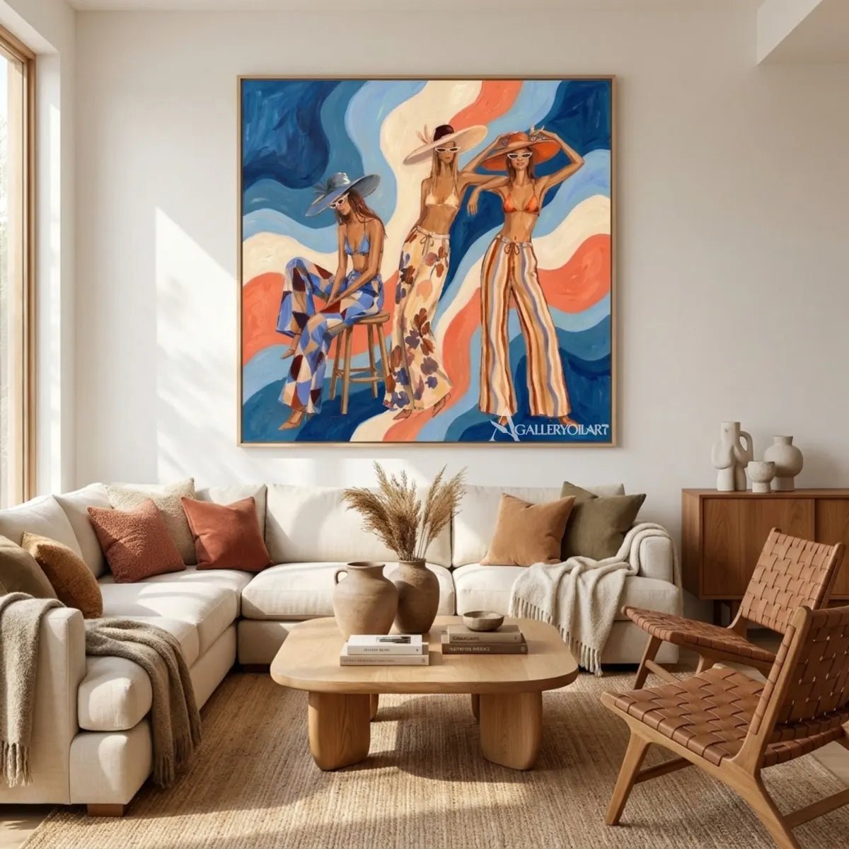 Sunlit-women-in-hats-in-pop-art-blue-wall-art-in-gathering-room