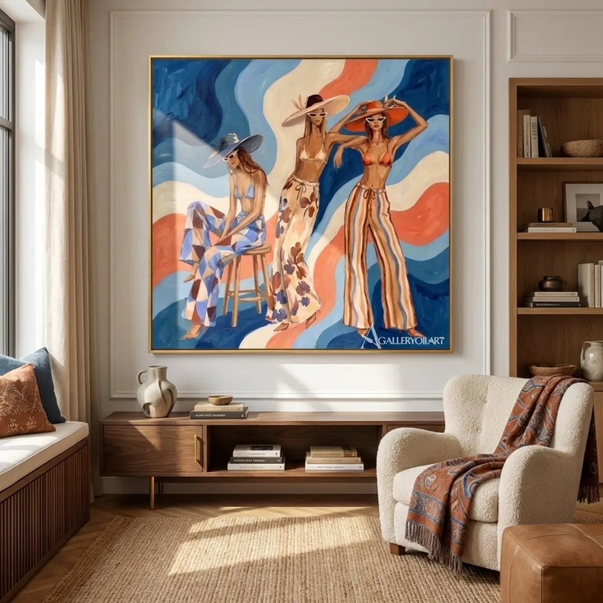 Sunlit-women-in-hats-in-pop-art-blue-wall-art-in-private-lounge