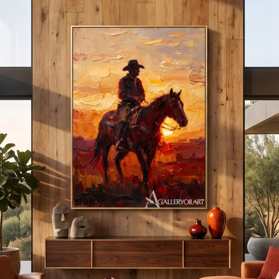 a cowboy riding through a glowing open landscape-in-western-cowboy-orange-dining-room