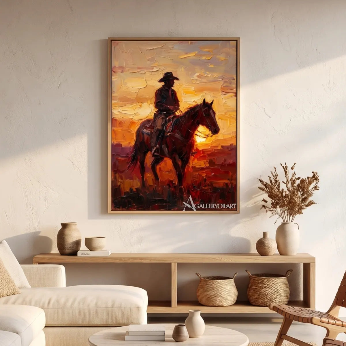 a cowboy riding through a glowing open landscape-in-western-cowboy-orange-stone-fireplace